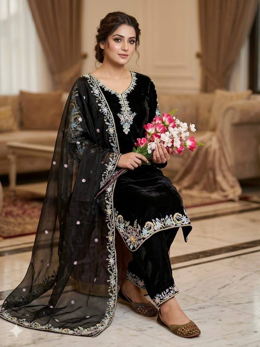 Deep Obsidian Floral-Embroidered Couture